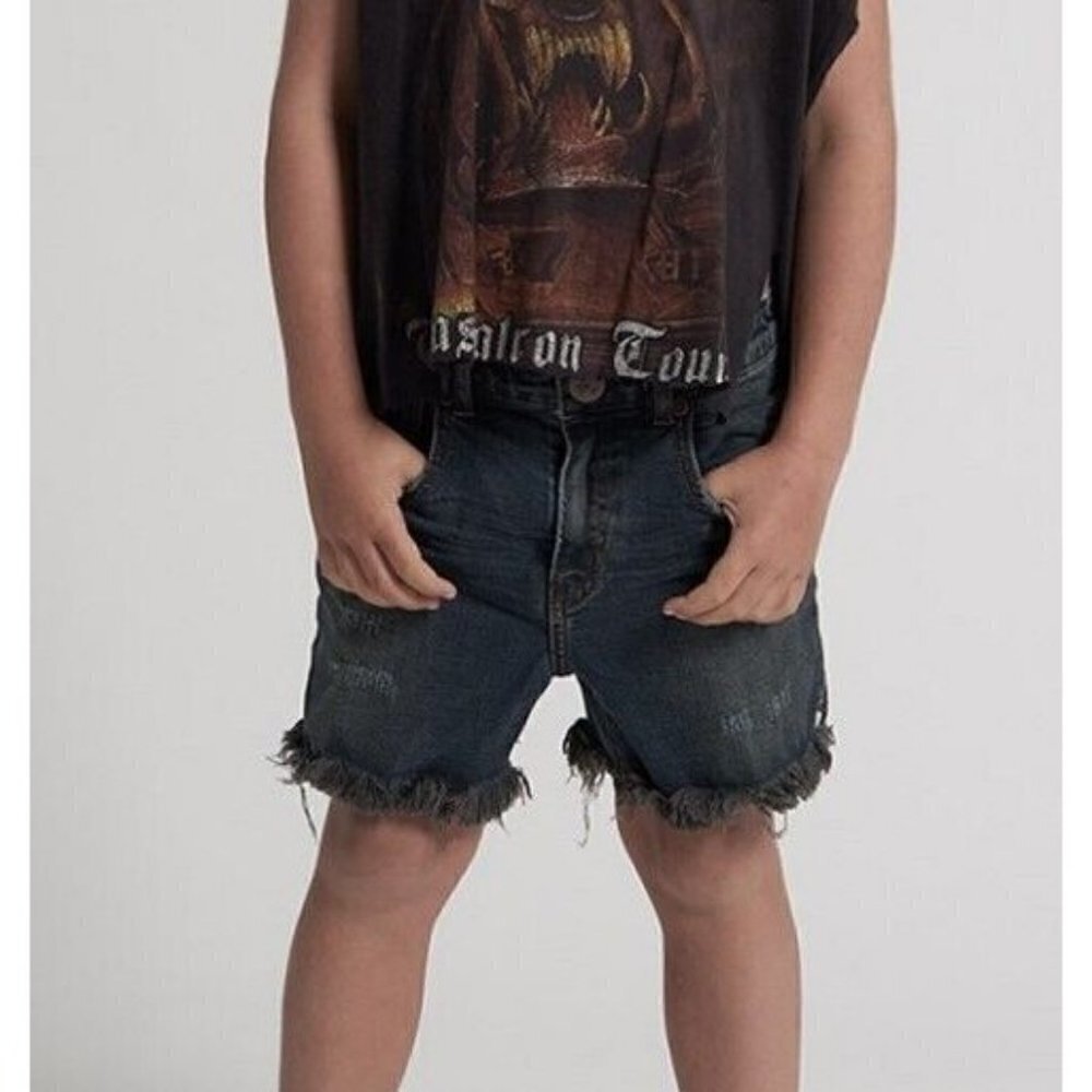 New One Teaspoon Mr Relaxed Denim Shorts Boys 7-8 Blk Indigo Blue Cut-Offs